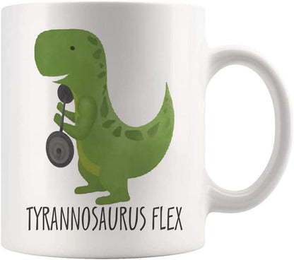 Funny Dinosaur Gym Mug for Personal Trainer, Weight Lifter, Dino Lover - White Ceramic Novelty Coffee Cup, 11oz