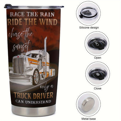 "King of the Road" Truck Driver Mug - 20oz Insulated Sunset & Highway Graphic Tumbler | Cool Gift for Long Haul Drivers, Stainless Steel Travel Cup