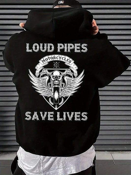 Rider‘s Road Hoodie - Men‘s Heavy Duty 50/50 Cotton Motorcycle Print, Garment-Dyed Black for Rugged Style & Durability