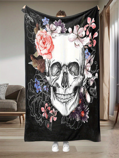 Skull & Floral Flannel Throw - Light Beige Gothic Blanket, Soft All-Season for Sofa Bed, Washable Home Decor