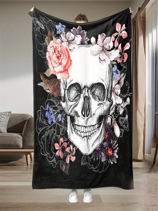 Skull & Floral Flannel Throw - Light Beige Gothic Blanket, Soft All-Season for Sofa Bed, Washable Home Decor