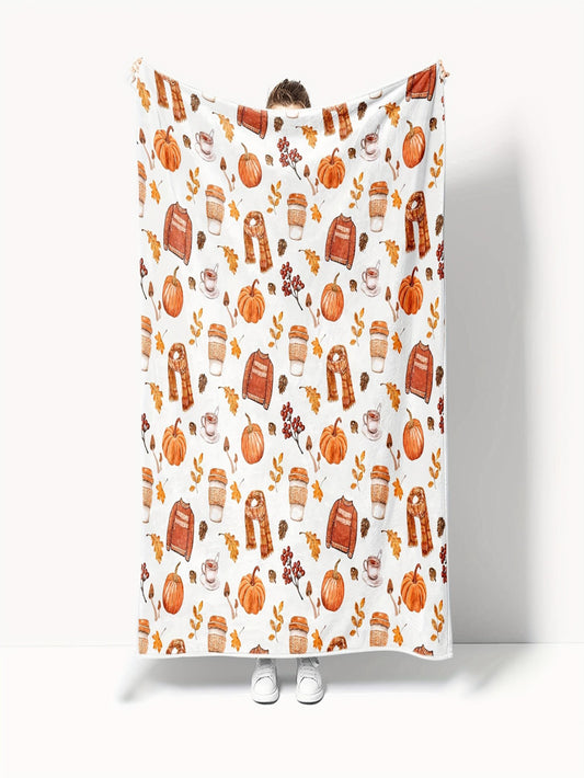 Pumpkin Spice Flannel Throw - Snuggly Soft & Lightweight, Warm All-Season Blanket in Autumn Colors, Cozy Washable Gift