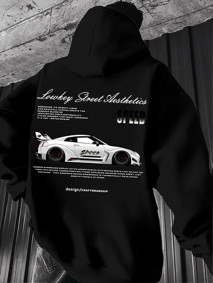 Racing Car Graphic Hoodie for Men - Loose Fit Streetwear Pullover, Motorsport Inspired Hooded Sweatshirt