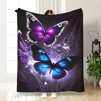 Butterfly Purple Floral Flannel Blanket - Enchanted Garden Print, Lightweight & All-Season for Boho Bedroom, Picnics, Festival & Cozy Camping