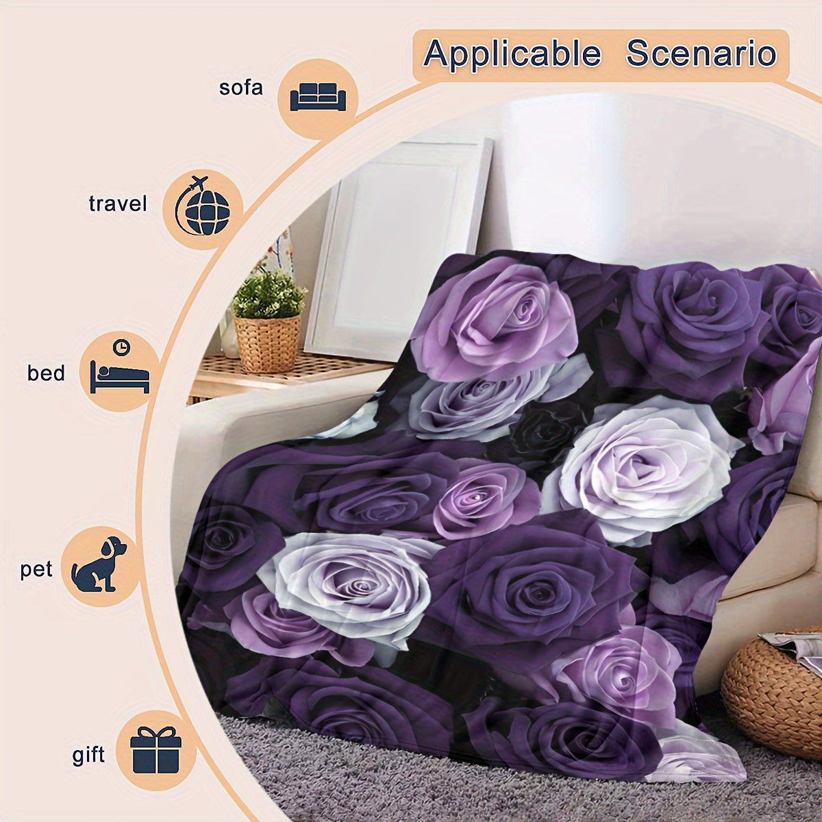 Modern Geometric Rose Print Blanket - Purple Soft & Warm, Multi-Use Throw for Sofa, Bed, Camping
