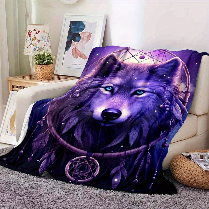 Dream Catcher & Purple Wolf Flannel Throw - Mystical Guardian Blanket | Lightweight, Soft for Spiritual Comfort, Boho Decor, and Unique Gifting