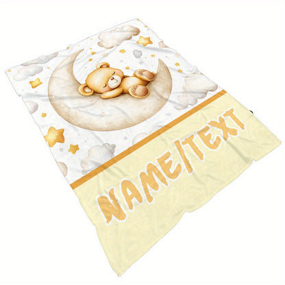 Personalized Cartoon Bear Flannel Blanket - Custom Name Print, Warm Lightweight Throw, Durable All-Season Comfort for Sofa, Bed, Travel & Camping
