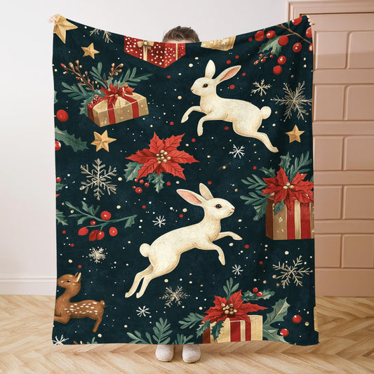 Gilded Holiday Velvet Flannel Throw - Opulent Navy, Gold & Cream with Bunny & Poinsettia, Ultimate Luxury Christmas Gift