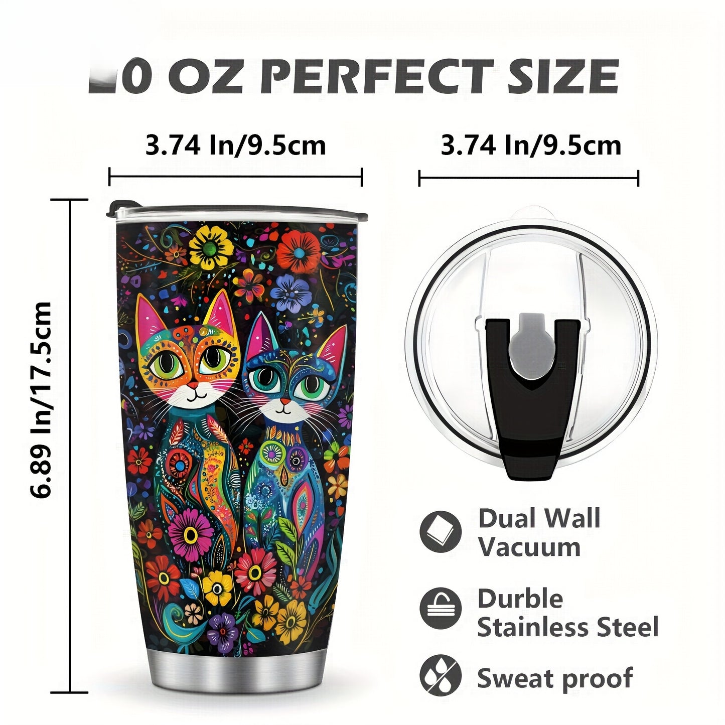 Vintage Cat & Flowers Tumbler - 20oz Retro Insulated Stainless Steel Travel Mug, Leakproof, Reusable Coffee Cup, Perfect Gift for Cat Lovers, Moms, Dads