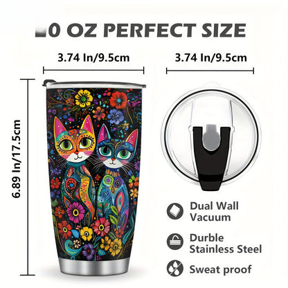 Vintage Cat & Flowers Tumbler - 20oz Retro Insulated Stainless Steel Travel Mug, Leakproof, Reusable Coffee Cup, Perfect Gift for Cat Lovers, Moms, Dads