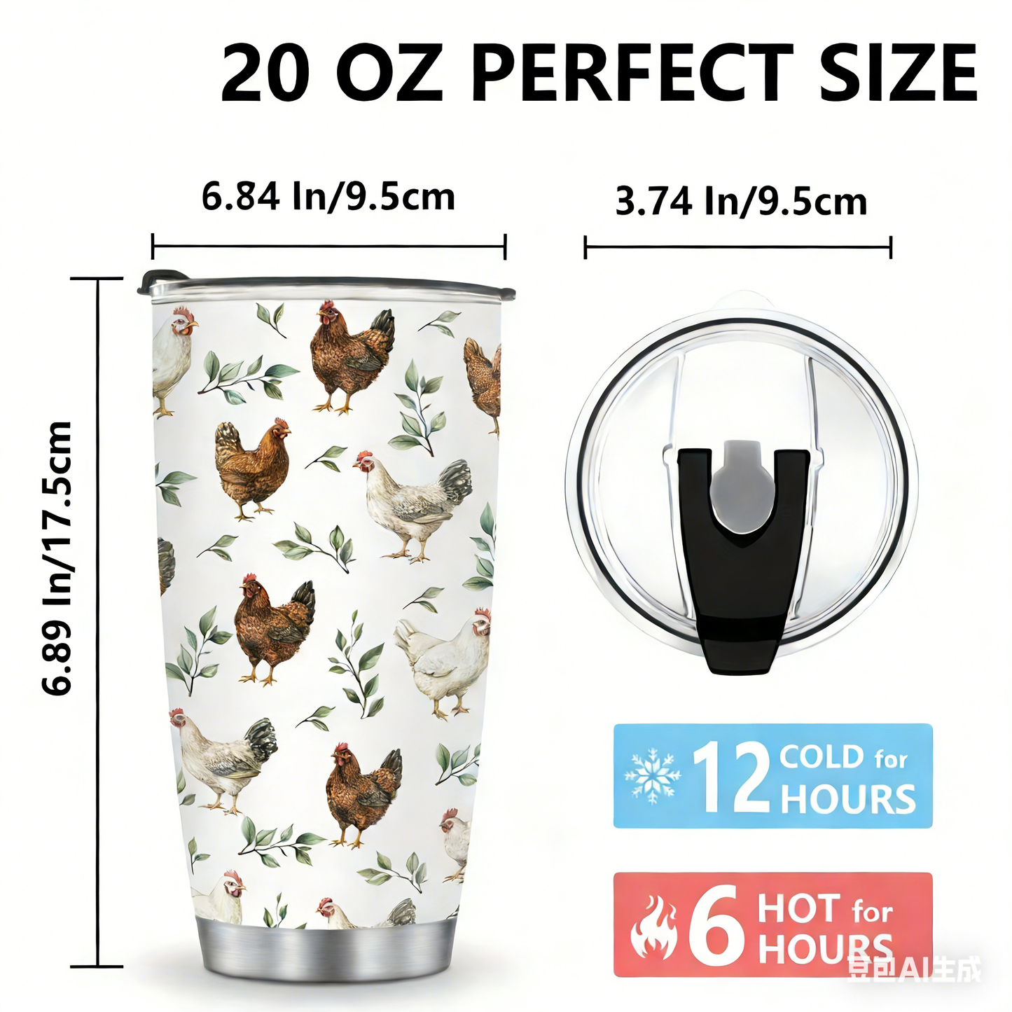 Country Hen Tumbler 20oz - Farmhouse Chicken Design with Floral & Branch Pattern | Insulated Stainless Steel Mug, Perfect Animal Lover Gift