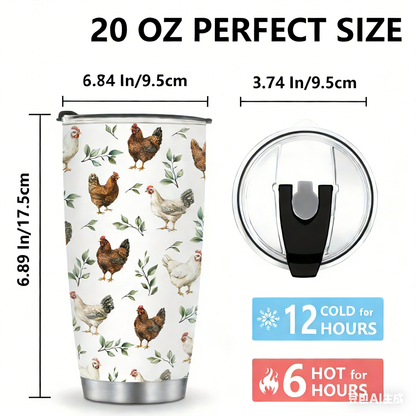 Country Hen Tumbler 20oz - Farmhouse Chicken Design with Floral & Branch Pattern | Insulated Stainless Steel Mug, Perfect Animal Lover Gift
