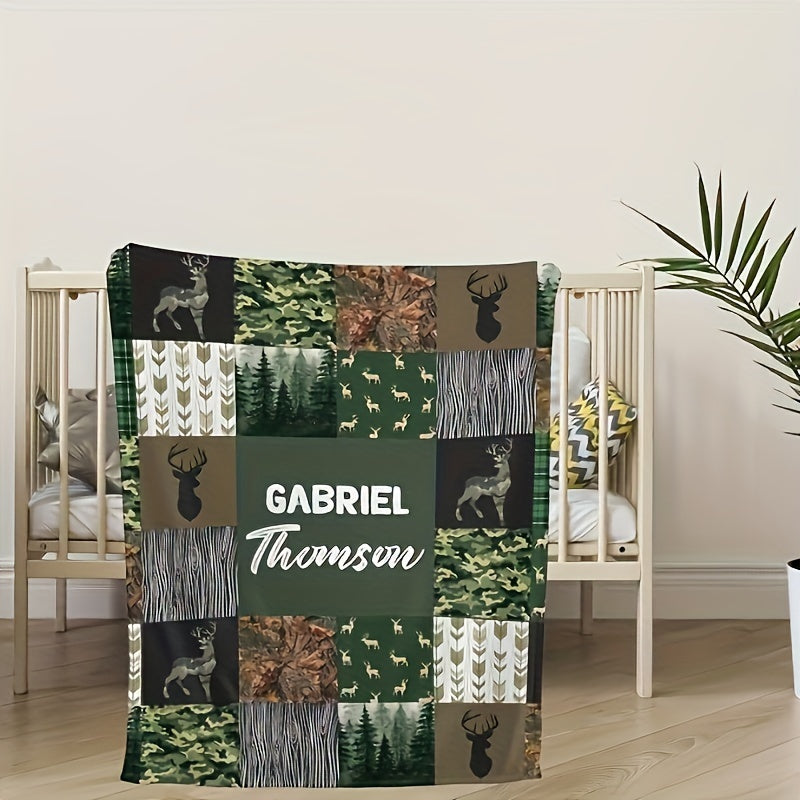 Custom Name & Animal Forest Throw Blanket - Personalized Cozy Flannel for Fall, Gift for Family & Friends, Sofa Office Decor, Holiday Present