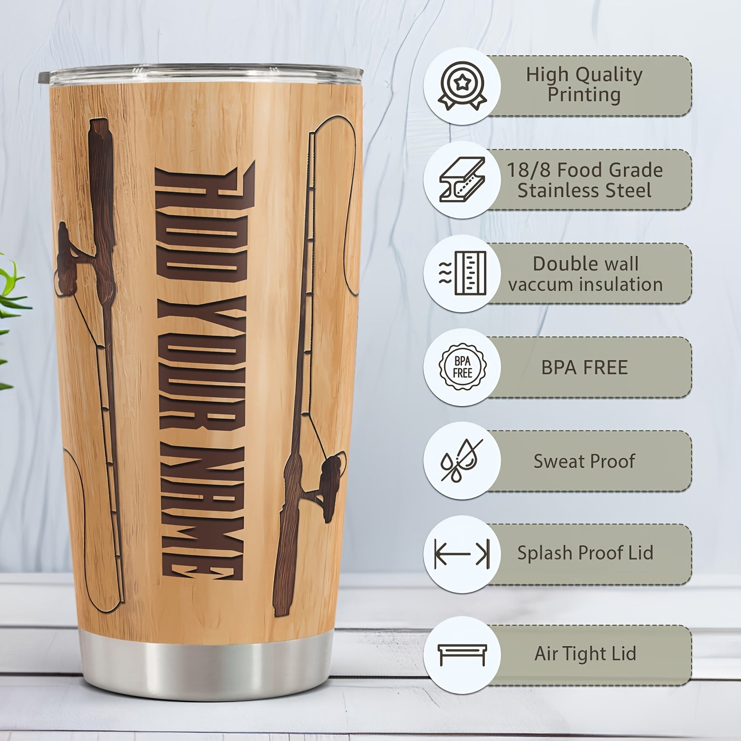 Personalized Funny Fishing Tumbler 20oz - Custom Name or Text, "Gone Fishing" Design Stainless Steel Cup, Gift for Dad, Men, Women, Birthday & Christmas