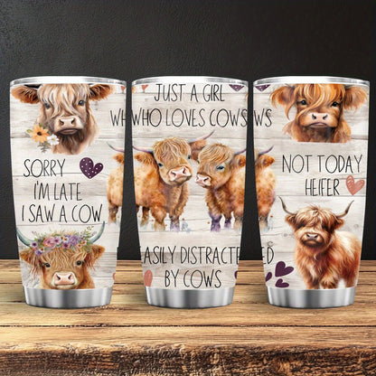 Charming Highland Cow Tumbler - 20oz Stainless Steel Travel Mug, Cute Scottish Cow & Floral Design, Insulated Coffee Cup - Perfect Christmas Gift for Women