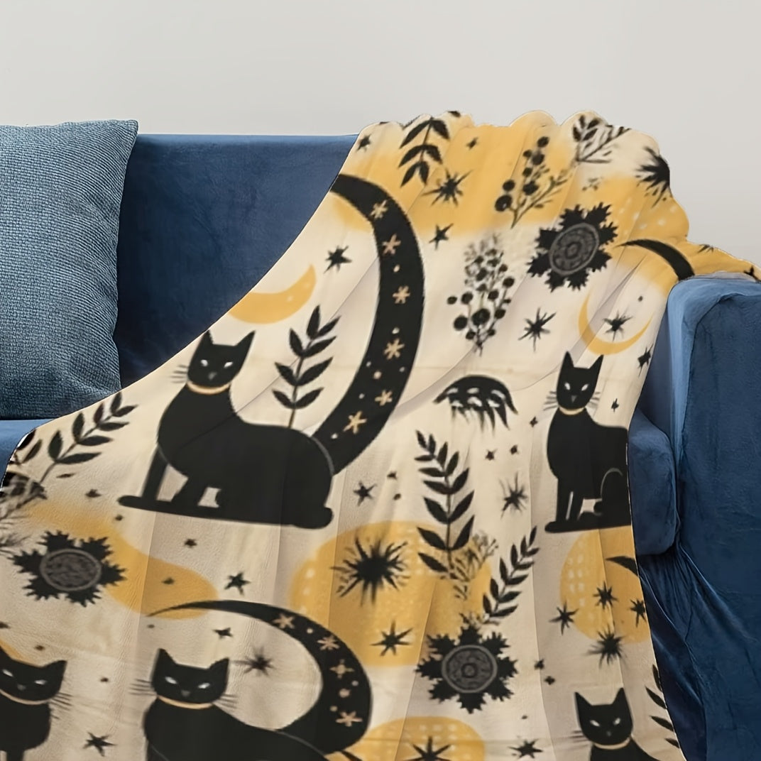 Vintage Cat Print Throw Blanket - Nostalgic Floral & Feline Design, All-Season Machine Washable, Cozy Gift for Cat Lovers & Home Decor