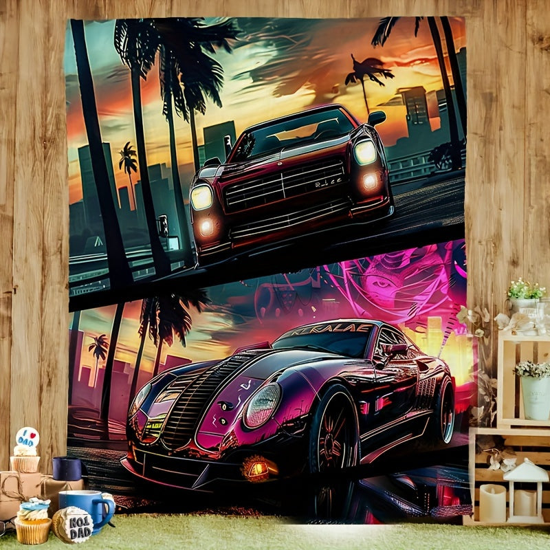 City Skyline & Car Print Throw Blanket - Modern Urban Design, All-Season Machine Washable for Couch, Dorm, Office, Gift for City Life Enthusiasts