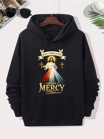 “Jesus I Trust In You” Hoodie - Men‘s Catholic Devotional Statement, Wearable Faith in Black Cotton Blend Streetwear