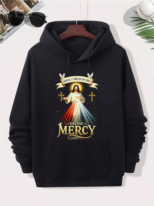 “Jesus I Trust In You” Hoodie - Men‘s Catholic Devotional Statement, Wearable Faith in Black Cotton Blend Streetwear