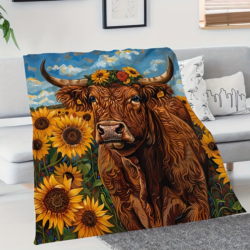 Sunflower & Cow Print Flannel Throw - Farmhouse Chic Blanket, Soft & Warm for Couch, Picnic, All Seasons, Cozy Home Decor and Outdoor Gift