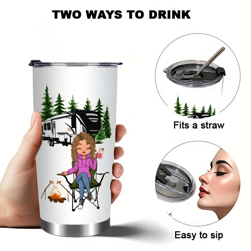 20oz Insulated Tumbler with Straw - Funny “Camping Queen” Printed Stainless Steel Cup, Leak-Proof Lid, Perfect Gift for Outdoor Lovers