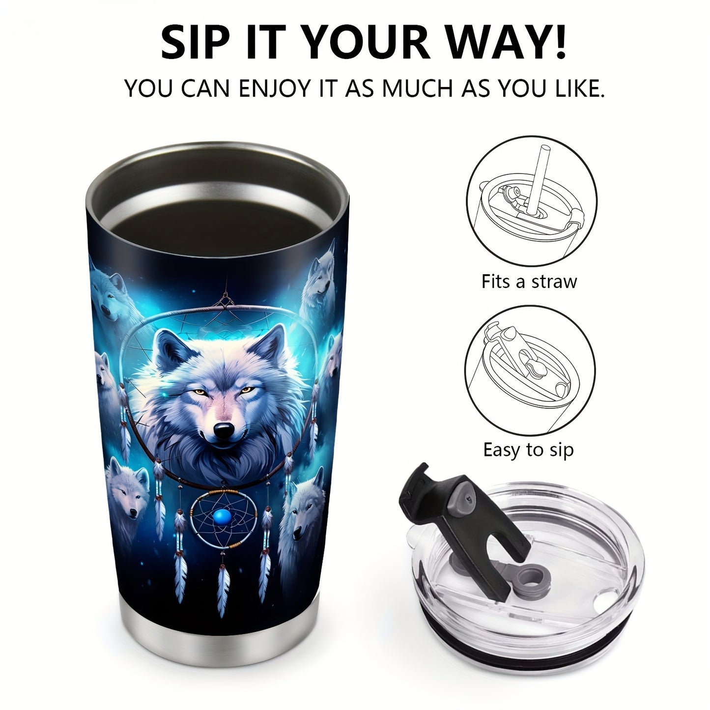 20oz Wolf Lover's Tumbler - Insulated Stainless Steel Coffee Cup with Leak-Proof Lid, Durable Travel Mug Perfect for Men, Women & Outdoor Enthusiasts