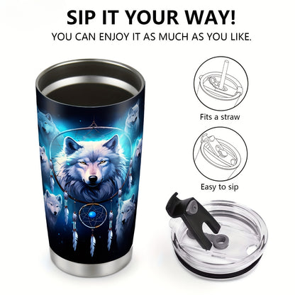 20oz Wolf Lover's Tumbler - Insulated Stainless Steel Coffee Cup with Leak-Proof Lid, Durable Travel Mug Perfect for Men, Women & Outdoor Enthusiasts