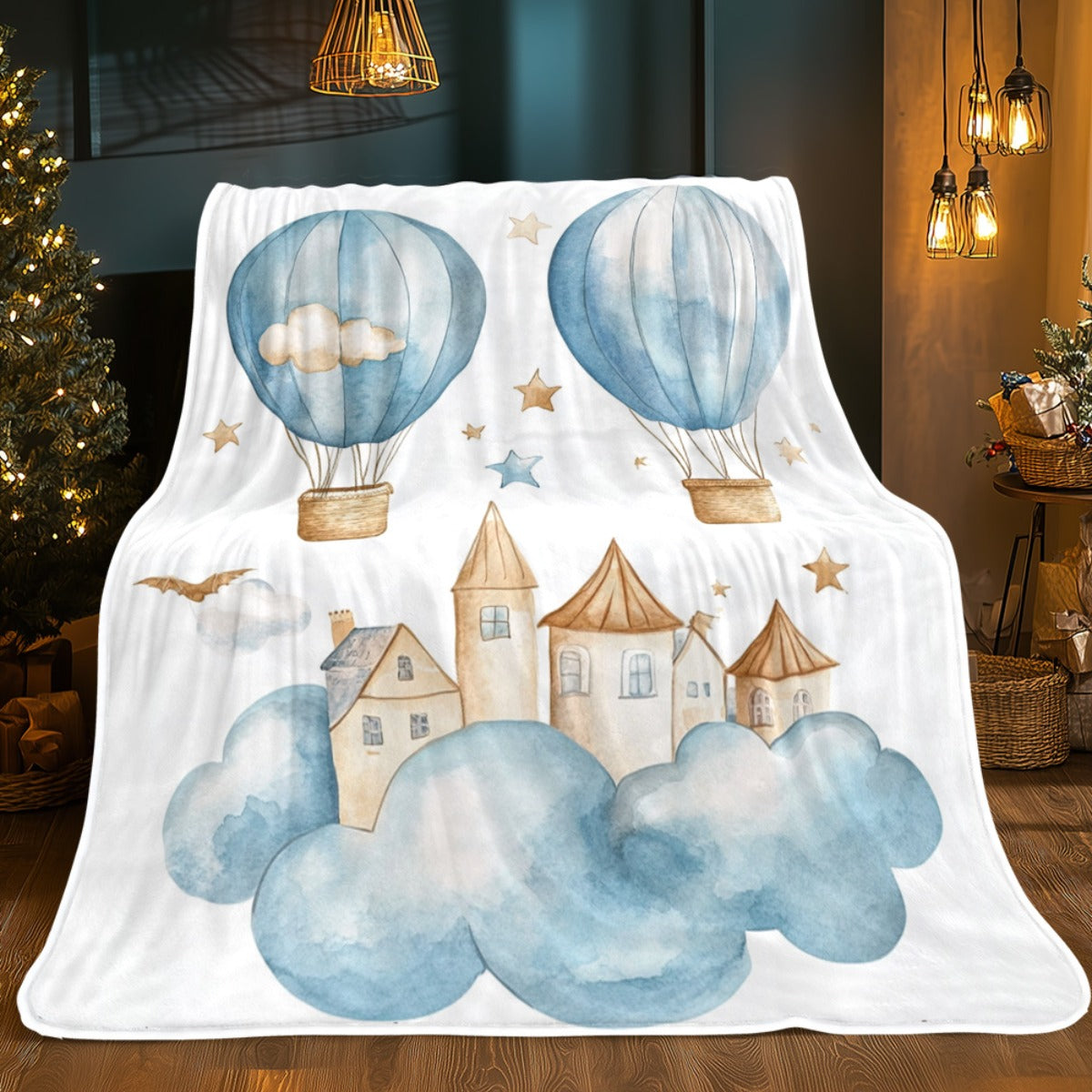 Cozy Flannel Throw Blanket with Hot Air Balloon & Cloud Design | Soft, Lightweight & Warm for All Seasons | Perfect for Couch, Bed, Travel & Gifts