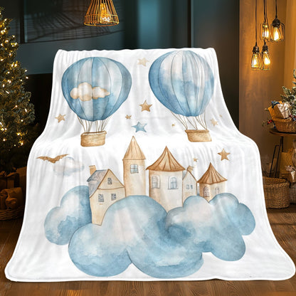 Cozy Flannel Throw Blanket with Hot Air Balloon & Cloud Design | Soft, Lightweight & Warm for All Seasons | Perfect for Couch, Bed, Travel & Gifts