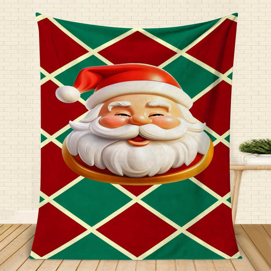 Classic Vintage Santa Flannel Blanket - Traditional Red, Green, Snowflake & Holly Print, Machine Washable Christmas Decor