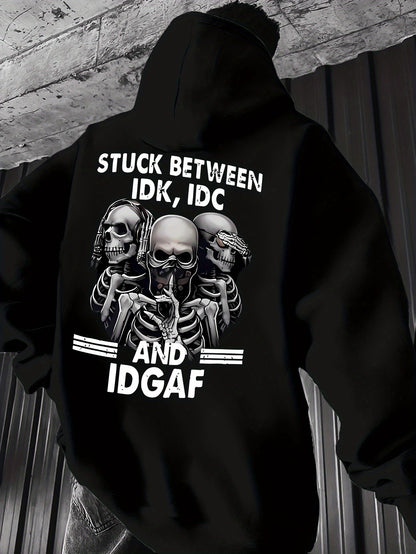 "Stuck Between IDGAF & IDC" Men's Hoodie - Bold Skull Graphic Streetwear | Statement Pullover Sweatshirt for Unapologetic Style