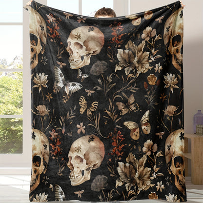 Skull & Floral Flannel Blanket - Gothic Style All-Season Throw | Darkly Romantic Design, Soft for Home, Concerts, and Unique Gift Giving