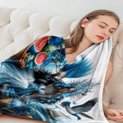 Boho Peacock & Starfish Flannel Blanket - HD Vibrant Print, Lightweight & Colorful for Beach Travel, Festival Gear & Boho Chic Home Decor