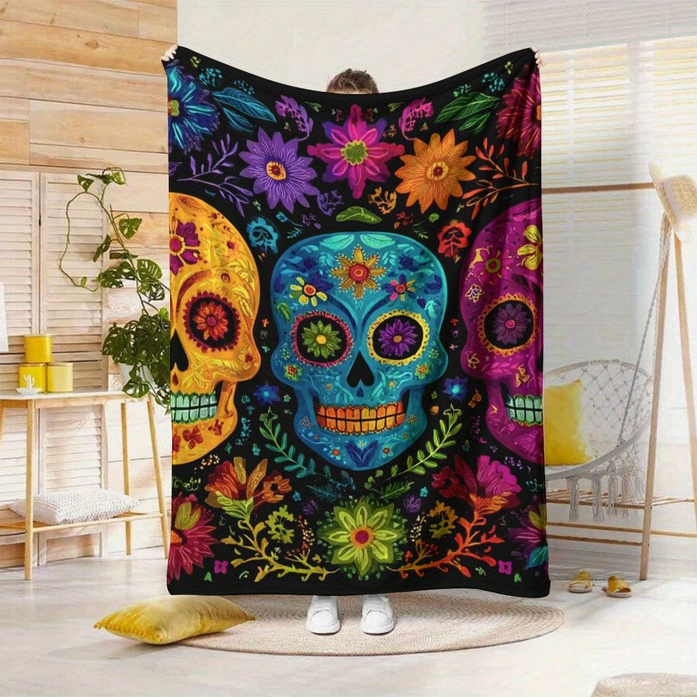 Day of the Dead Flannel Throw - Vibrant Mexican Sugar Skull & Multi-Color Floral Print, Decorative Blanket
