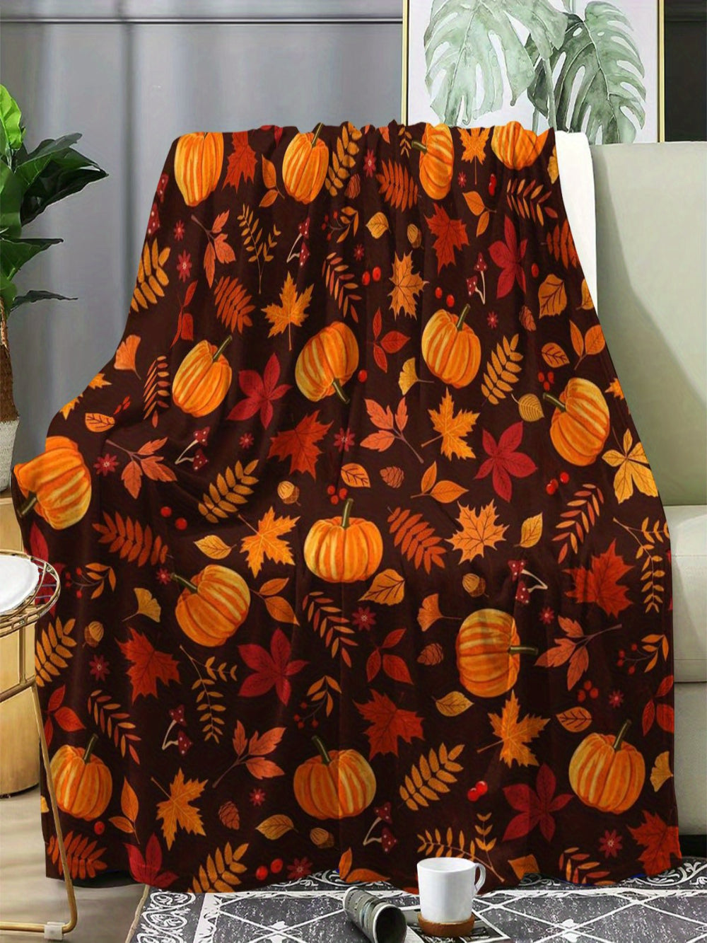 Lightweight Fall Flannel Throw - Pumpkin Leaf Design, All-Season Soft Warmth for Bed, Sofa & Camping, Versatile Gift