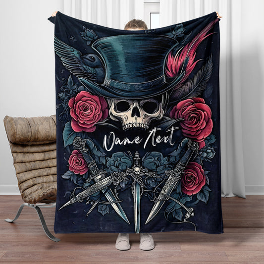 Victorian Gothic Skull & Rose Blanket - Steampunk Flannel Throw Blankets with Custom Name