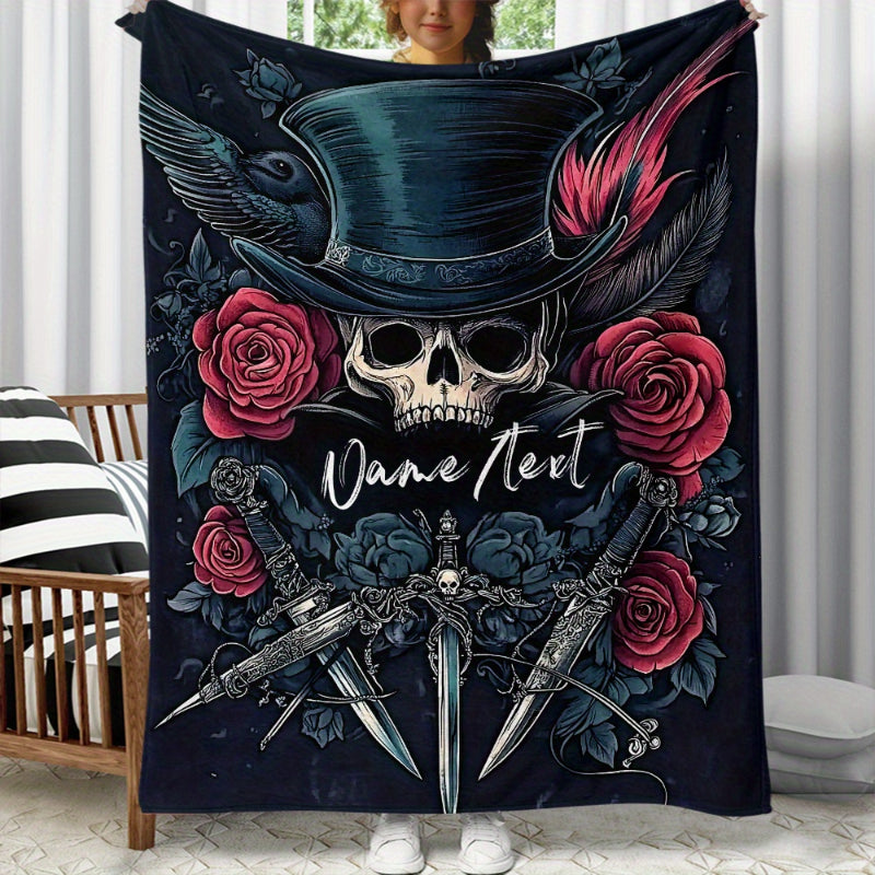 Victorian Gothic Skull & Rose Blanket - Steampunk Flannel Throw Blankets with Custom Name