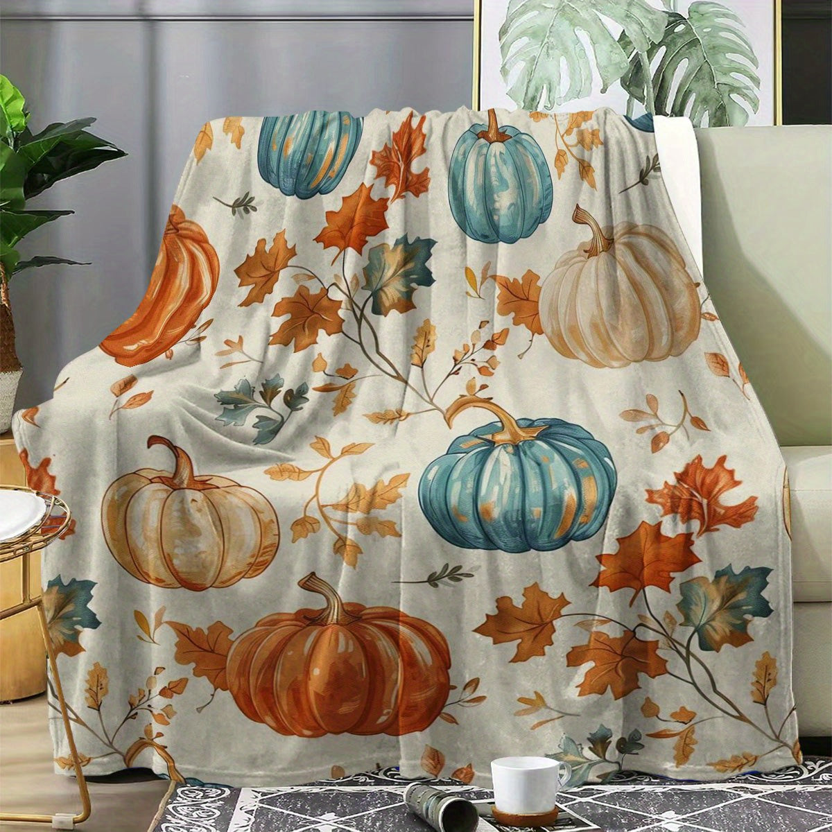 Autumn Harvest Flannel Throw Blanket | Cozy Pumpkin & Leaf Print Blankets for Home, Travel & Gifting