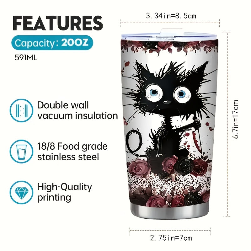 “I Will Put You in the Trunk” Tumbler – 20oz Double-Wall Vacuum Insulated Mug with Black Cat & Rose, Gothic Humor Gift