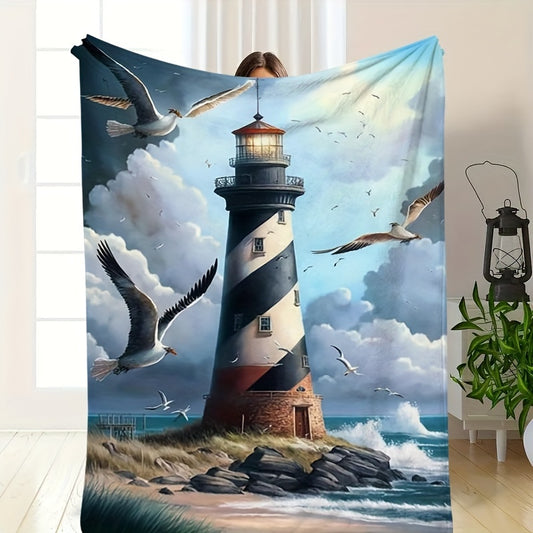 Lighthouse & Seagull Print Throw Blanket - Coastal Themed Soft Blanket for Couch, Beach, Picnic, Multi-Scene Home & Outdoor Gift for Holiday & Birthday