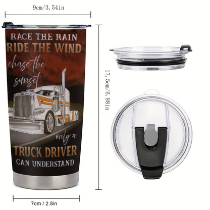 "King of the Road" Truck Driver Mug - 20oz Insulated Sunset & Highway Graphic Tumbler | Cool Gift for Long Haul Drivers, Stainless Steel Travel Cup
