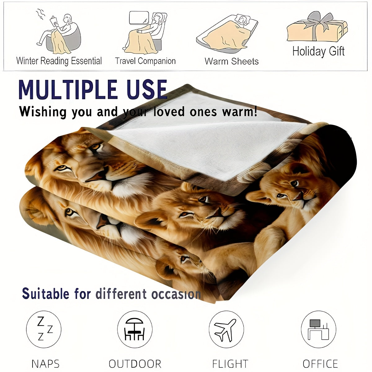 Majestic Lion Print Flannel Blanket - HD Realistic Wildlife Design, Ultra Soft & Warm, All-Season Multi-Use Throw for Sofa, Camping, Luxe Gift