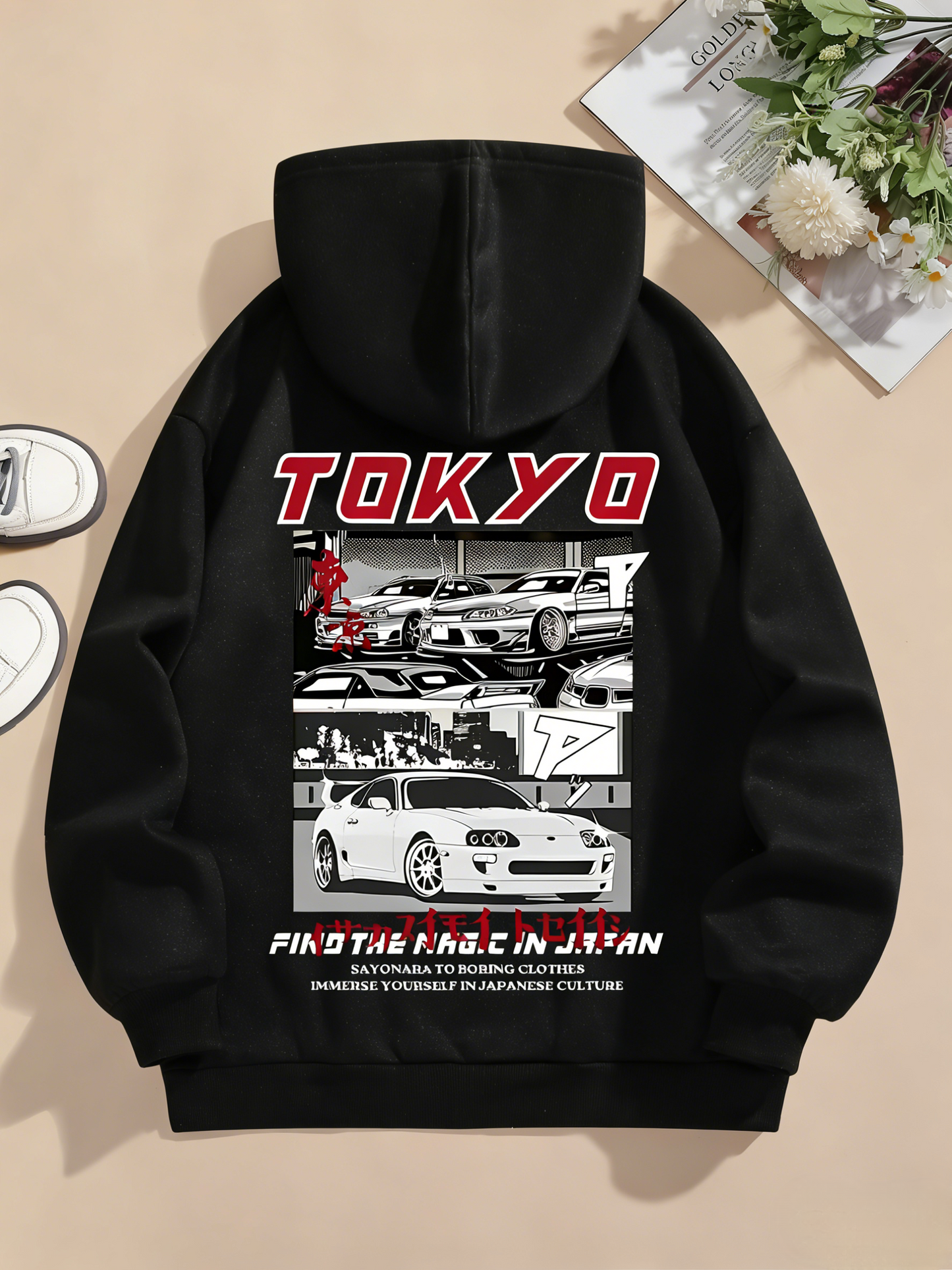 Japanese Racing Streetwear Hoodie - Men's Graphic Pullover, Hooded Sweatshirt with Car Motif