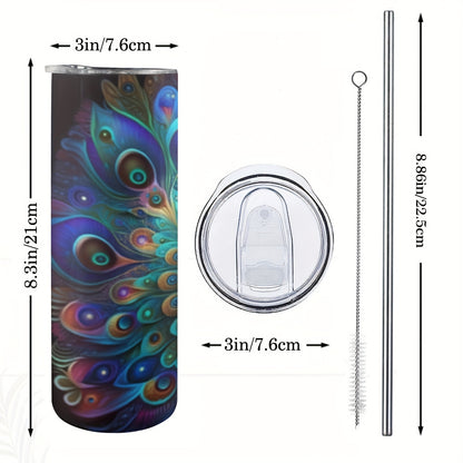 Neon Peacock Tumbler 20oz - Insulated Stainless Steel Cup with Straw & Lid | Vibrant Gift for Women, Girls, Birthday & Festivals, Hand Wash Only