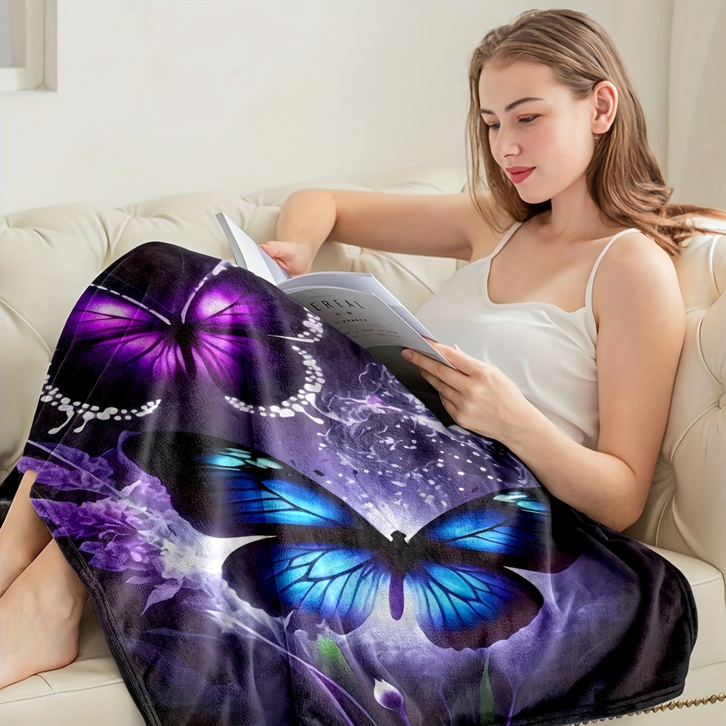 Butterfly Purple Floral Flannel Blanket - Enchanted Garden Print, Lightweight & All-Season for Boho Bedroom, Picnics, Festival & Cozy Camping