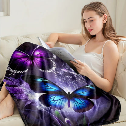 Butterfly Purple Floral Flannel Blanket - Enchanted Garden Print, Lightweight & All-Season for Boho Bedroom, Picnics, Festival & Cozy Camping