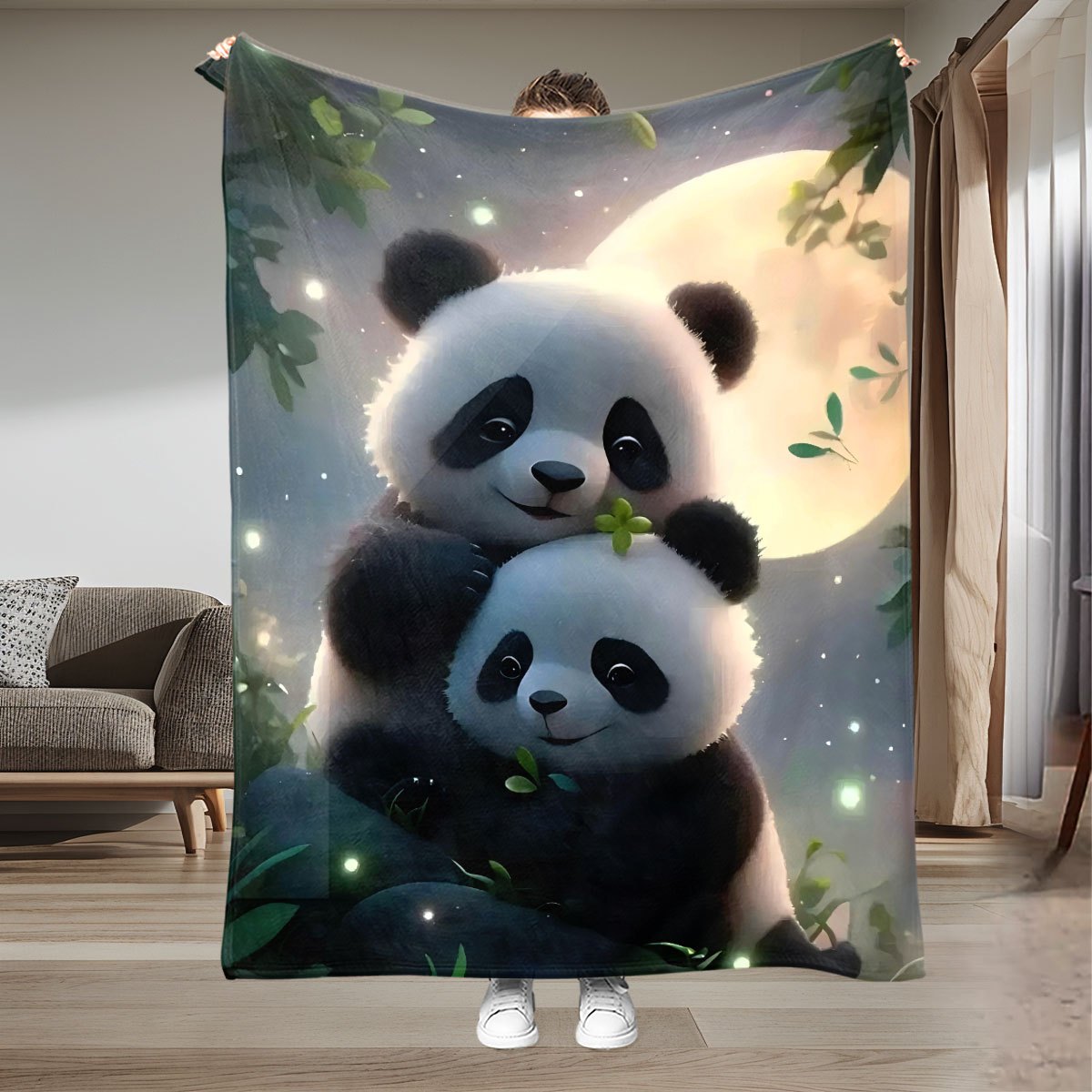 Cute Panda Hugging Moon Blanket - Super Soft Flannel Throw for Couch & Bed, All-Season Cozy Comfort Blankets Gift for Adults