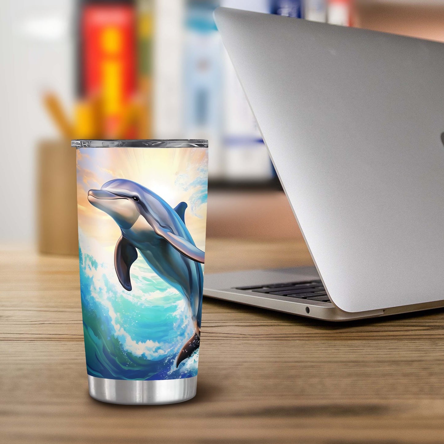 Dolphin Print 20oz Insulated Tumbler - Stainless Steel Travel Mug with Leak-Proof Lid, Double Wall Vacuum - BPA-Free Ocean Waves Design, Perfect Gift for Dolphin Lovers, Family & Friends