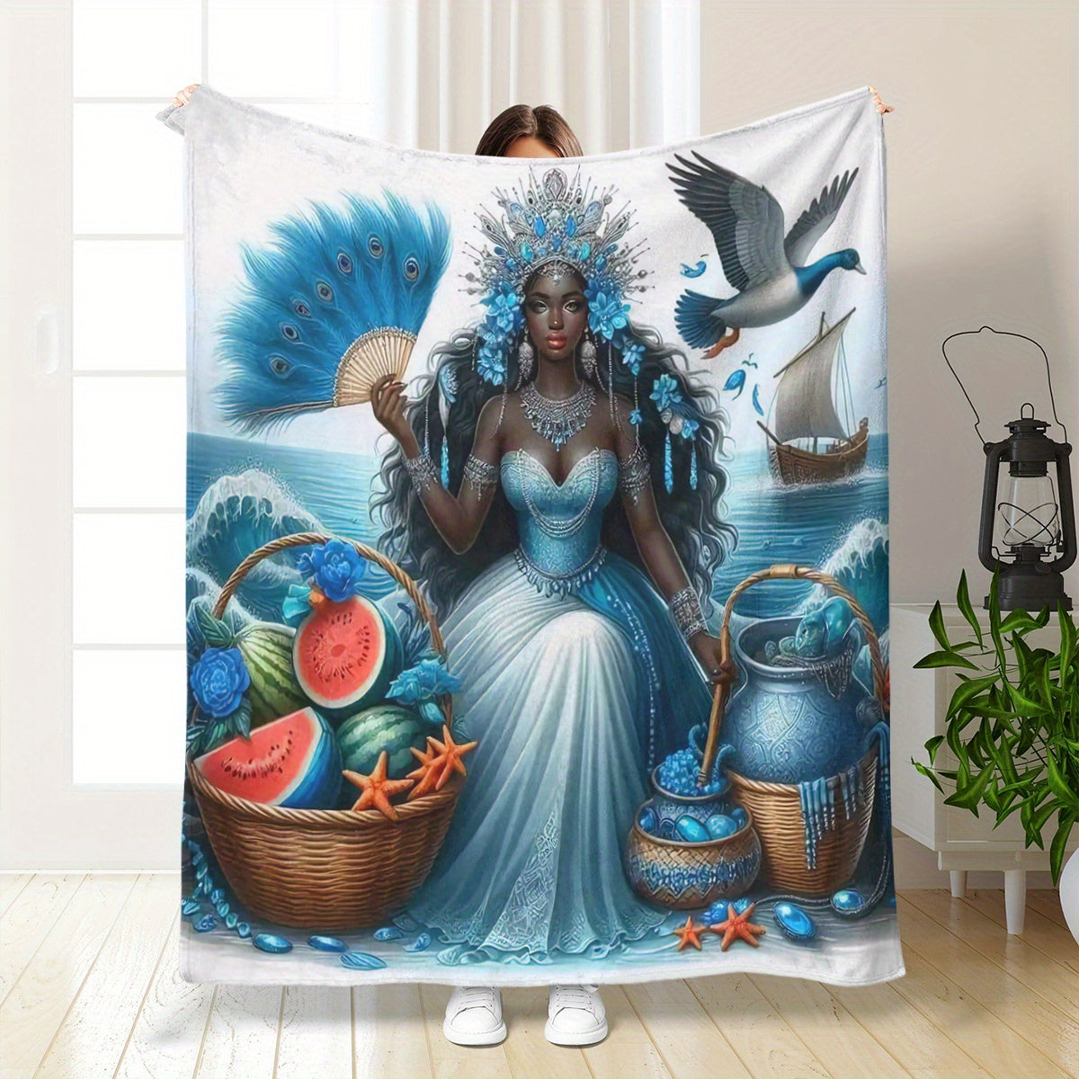 Boho Peacock & Starfish Flannel Blanket - HD Vibrant Print, Lightweight & Colorful for Beach Travel, Festival Gear & Boho Chic Home Decor