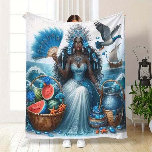 Boho Peacock & Starfish Flannel Blanket - HD Vibrant Print, Lightweight & Colorful for Beach Travel, Festival Gear & Boho Chic Home Decor